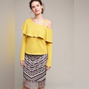 NEW ANTHROPOLOGIE POSTMARK Yellow Cotton Asymmetrical Long Sleeve Ruffle Top. L